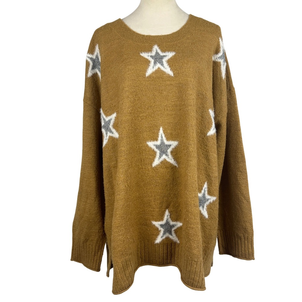 EVRI Women's Plus Size 3X Sweater Brown Star‎ Print Long Sleeve Cozy Knit